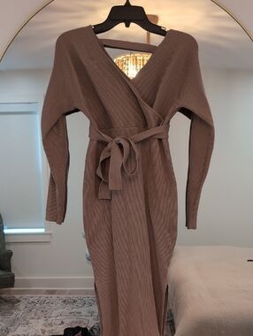 Long Sleeve Wrap Midi Dress in Taupe